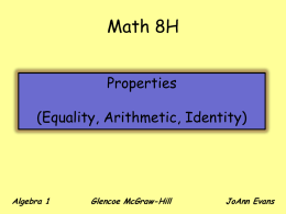 Math 8H Properties  (Equality, Arithmetic, Identity)  Algebra 1  Glencoe McGraw-Hill  JoAnn Evans   Identity Property Think: The answer must remain identical (the same) in value.  Additive Identity: ZERO is the additive.