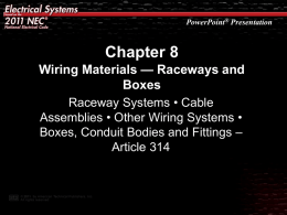 PowerPoint® Presentation  Chapter 8 Wiring Materials — Raceways and Boxes Raceway Systems • Cable Assemblies • Other Wiring Systems • Boxes, Conduit Bodies and Fittings – Article.