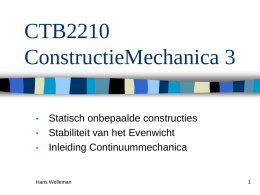 CTB2210 ConstructieMechanica 3 • •  •  Statisch onbepaalde constructies Stabiliteit van het Evenwicht Inleiding Continuummechanica  Hans Welleman ConstructieMechanica lijn CM 2  CM 3  CM 4  MSc  BSc  CM 1  Slender Structures  Introduction to the FEM  Plates and.