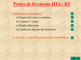 Postes de livraisons HTA / BT 1) Différentes alimentations a) Simple dérivation ou antenne b) Coupure d ’artère c) Double dérivation d) Limites de chacune.