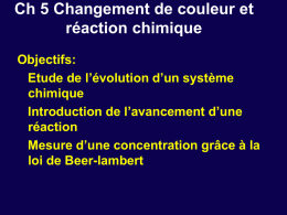 Ch 5 Changement de couleur et réaction chimique Objectifs: Etude de l’évolution d’un système chimique Introduction de l’avancement d’une réaction Mesure d’une concentration grâce à la loi de.