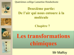 Quatrièmes collège Lamartine Hondschoote  Deuxième partie: De l’air qui nous entoure à la molécule Chapitre 7  Les transformations chimiques Mr Malfoy   Je dois savoir La Définition de réactif et.