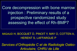 Core decompression with bone marrow injection : Preliminary results of a prospective randomized study assessing the effect of Rh-BMP7 MIGAUD H, BOCQUET D, PINOIT.