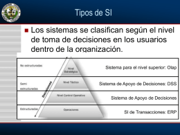 Tipos de SI   Los sistemas se clasifican según el nivel de toma de decisiones en los usuarios dentro de la organización. Sistema para el.