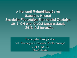A Nemzeti Rehabilitációs és Szociális Hivatal Szociális Főosztálya Ellenőrzési Osztálya 2012. évi ellenőrzési tapasztalatai, 2013.