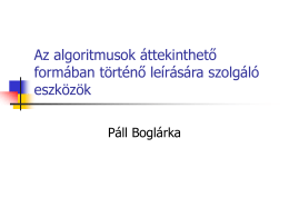 Az algoritmusok áttekinthető formában történő leírására szolgáló eszközök Páll Boglárka Folyamatábra: •  •  Alapelveit Neumann János dolgozta ki. Grafikus ábrázolásmód, melynek segítségével • • •  az egyes műveleteket, ezek elvégzésének sorrendjét és a köztük.