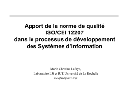 Apport de la norme de qualité ISO/CEI 12207 dans le processus de développement des Systèmes d’Information  Marie Christine Lafaye, Laboratoire L3i et IUT, Université de.