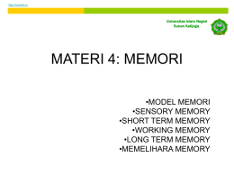 http://contoh.in  Universitas Islam Negeri Sunan Kalijaga  MATERI 4: MEMORI •MODEL MEMORI •SENSORY MEMORY •SHORT TERM MEMORY •WORKING MEMORY •LONG TERM MEMORY •MEMELIHARA MEMORY   http://contoh.in  Pendahuluan  Universitas Islam Negeri Sunan Kalijaga  • Memory merupakan pusat.