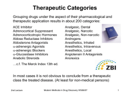 Therapeutic Categories Grouping drugs under the aspect of their pharmacological and therapeutic application results in about 200 categories: ACE Inhibitor Adrenocortical Suppressant Adrenocorticotropic Hormones Aldose Reductase.