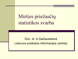 Mirties priežasčių statistikos svarba Doc. dr. A.Gaižauskienė Lietuvos sveikatos informacijos centras   Mirtingumo statistika reikšminga nustatant:  Bendrą gyventojų sveikatos būklę,  Sveikatos priežiūros veiksmingumą,  Sveikatos priežiūros kokybę, 