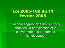 Loi 2005-102 du 11 février 2005  Loi pour l’égalité des droits et des chances, la participation et la citoyenneté des personnes handicapées.   Mise en place.