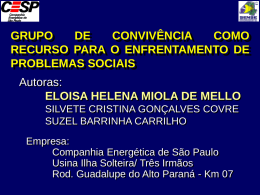 GRUPO DE CONVIVÊNCIA COMO RECURSO PARA O ENFRENTAMENTO DE PROBLEMAS SOCIAIS Autoras: ELOISA HELENA MIOLA DE MELLO SILVETE CRISTINA GONÇALVES COVRE SUZEL BARRINHA CARRILHO Empresa: Companhia Energética de São Paulo Usina Ilha.