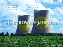 EXIT  Jak działają?  Rozmieszczenie elektrowni jądrowych w Europie  Fakty i mity  Typy elektrowni jądrowych  Historia elektrowni jądrowych BIBLIOGRAFIA EXIT  Jak dochodzi do tej reakcji? Gdy atomy uranu, składające się z jądra i krążących.