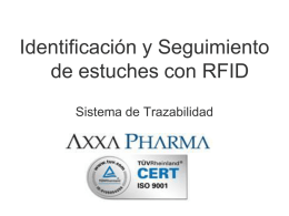 Identificación y Seguimiento de estuches con RFID Sistema de Trazabilidad Compartir el modelo de trazabilidad implementado en Axxa Pharma Definir el marco y el.