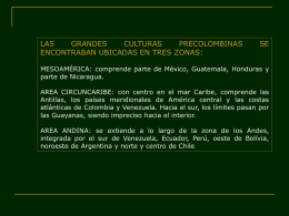 LAS GRANDES CULTURAS PRECOLOMBINAS ENCONTRABAN UBICADAS EN TRES ZONAS:  SE  MESOAMÉRICA: comprende parte de México, Guatemala, Honduras y parte de Nicaragua. AREA CIRCUNCARIBE: con centro en el mar.