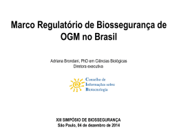 Marco Regulatório de Biossegurança de OGM no Brasil Adriana Brondani, PhD em Ciências Biológicas Diretora executiva  XIII SIMPÓSIO DE BIOSSEGURANÇA Sâo Paulo, 04 de dezembro.