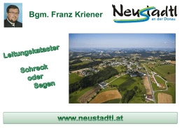 Bgm. Franz Kriener   •  4 öffentliche Wasserversorgungsanlagen mit rund 20 km Leitungen, vielen Quellfassungen, einigen Pumpwerken und Hochbehältern;  •  3 gemeindeeigene Kläranlagen mit 20 km Kanalnetz, einigen.