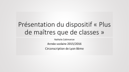 Présentation du dispositif « Plus de maîtres que de classes » Nathalie Zulémanian  Année scolaire 2015/2016 Circonscription de Lyon 8ème.