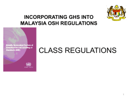 INCORPORATING GHS INTO MALAYSIA OSH REGULATIONS  CLASS REGULATIONS Presentation Scope  Background  CLASS Regulations  Industry Code of Practice on Chemical Classification and Hazard Communication (ICOP.