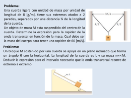 Problema: Una cuerda ligera con unidad de masa por unidad de longitud de 8 [g/m], tiene sus extremos atados a 2 paredes, separados.