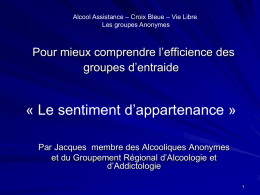 Alcool Assistance – Croix Bleue – Vie Libre Les groupes Anonymes  Pour mieux comprendre l’efficience des groupes d’entraide  « Le sentiment d’appartenance » Par Jacques.