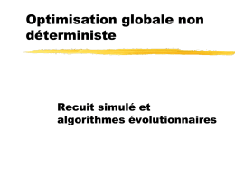 Optimisation globale non déterministe  Recuit simulé et algorithmes évolutionnaires Optimisation stochastique Méthodes d’optimisation qui ne requièrent pas de régularité sur les fonctions à optimiser Méthodes couteuses en.