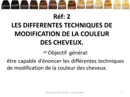 Réf: 2 LES DIFFERENTES TECHNIQUES DE MODIFICATION DE LA COULEUR DES CHEVEUX. Objectif général: être capable d’énoncer les différentes techniques de modification de la couleur des.