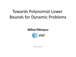 Towards Polynomial Lower Bounds for Dynamic Problems Mihai Pătrașcu  STOC 2010   Reduction Roadmap 3SUM  Convolution-3SUM  3-party NOF communication game triangle reporting  Multiphase Problem  dyn.