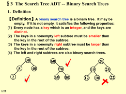 §3 The Search Tree ADT -- Binary Search Trees 1. Definition 【Definition】A binary search tree is a binary tree.