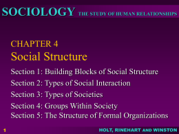 SOCIOLOGY THE STUDY OF HUMAN RELATIONSHIPS CHAPTER 4  Social Structure Section 1: Building Blocks of Social Structure Section 2: Types of Social Interaction Section 3: