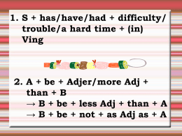 1. S + has/have/had + difficulty/ trouble/a hard time + (in) Ving  2.