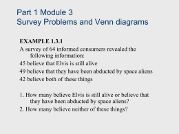 Part 1 Module 3 Survey Problems and Venn diagrams EXAMPLE 1.3.1 A survey of 64 informed consumers revealed the following information: 45 believe that Elvis.