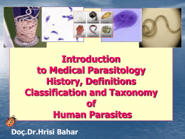 Introduction to Medical Parasitology History, Definitions Classification and Taxonomy of Human Parasites Doç.Dr.Hrisi Bahar Parasitology • Parasitology – science about  parasitic animals and relationships with their hosts. • Para +