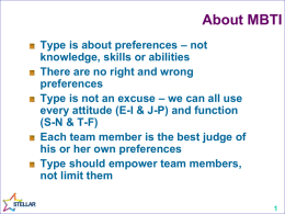 About MBTI Type is about preferences – not knowledge, skills or abilities There are no right and wrong preferences Type is not an excuse –