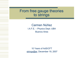 From free gauge theories to strings Carmen Núñez I.A.F.E. – Physics Dept.-UBA Buenos Aires  10 Years of AdS/CFT strings@ar, December 19, 2007   Based on  Work in progress.