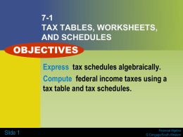 7-1 TAX TABLES, WORKSHEETS, AND SCHEDULES  OBJECTIVES Express tax schedules algebraically. Compute federal income taxes using a tax table and tax schedules.  Slide 1  Financial Algebra © Cengage/South-Western.