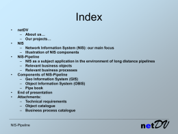 Index • • •  •  • •  netDV – About us… – Our projects… NIS – Network Information System (NIS): our main focus – Illustration of NIS components NIS-Pipeline – NIS as a subject.