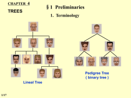 CHAPTER 4  TREES  §1 Preliminaries 1. Terminology  Pedigree Tree ( binary tree ) Lineal Tree  1/17   §1 Preliminaries  【Definition】A tree is a collection of nodes.