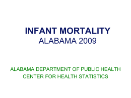 INFANT MORTALITY ALABAMA 2009  ALABAMA DEPARTMENT OF PUBLIC HEALTH CENTER FOR HEALTH STATISTICS   INFANT MORTALITY RATES ALABAMA, 2000-2009  Rate per 1,000 Live Births 10  9.4  9.4  9.1  8.7  8.7  9.3  10.0 9.0  9.5 8.2 622000 2001 2002 2003