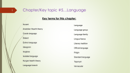 Chapter/Key topic #5…Language Key terms for this chapter: Accent  Language  Anatolian Hearth theory  Language group  Creole language  Language family  Dialect  LIngua franca  Extinct language  Literary tradition  Ideogram  Official language  Isogloss  Pidgin  Isolated language  Standard language  Kurgan hearth theory  Toponym  Language.