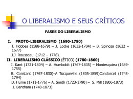O LIBERALISMO E SEUS CRÍTICOS FASES DO LIBERALISMO I.  PROTO-LIBERALISMO (1690-1780) T. Hobbes (1588-1679) – J.