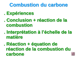 Combustion du carbone . Expériences . Conclusion + réaction de la combustion . Interprétation à l’échelle de la matière .