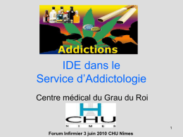 IDE dans le Service d’Addictologie Centre médical du Grau du Roi CHU Nîmes Forum Infirmier 3 juin 2010 CHU Nîmes.