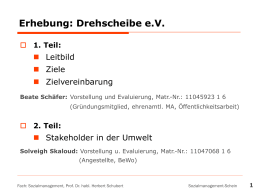 Erhebung: Drehscheibe e.V.  1. Teil:   Leitbild  Ziele  Zielvereinbarung Beate Schäfer: Vorstellung und Evaluierung, Matr.-Nr.: 11045923 1 6 (Gründungsmitglied, ehrenamtl.