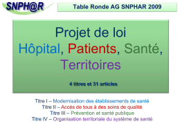 Table Ronde AG SNPHAR 2009  Projet de loi Hôpital, Patients, Santé, Territoires 4 titres et 31 articles Titre I – Modernisation des établissements de santé Titre.