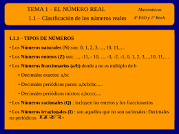 TEMA 1 – EL NÚMERO REAL 1.1 – Clasificación de los números reales  Matemáticas 4º ESO y 1º Bach.  1.1.1 – TIPOS DE NÚMEROS •