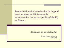 Processus d’institutionnalisation de l’égalité entre les sexes au Ministère de la modernisation des secteur publics (MMSP) au Maroc  Séminaire de sensibilisation France Paquet, consultante 2 Mai.