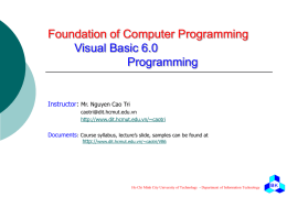 Foundation of Computer Programming Visual Basic 6.0 Programming  Instructor: Mr. Nguyen Cao Tri caotri@dit.hcmut.edu.vn http://www.dit.hcmut.edu.vn/~caotri  Documents: Course syllabus, lecture’s slide, samples can be found at http://www.dit.hcmut.edu.vn/~caotri/VB6  Ho Chi.
