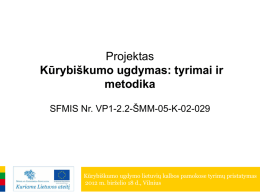 Projektas Kūrybiškumo ugdymas: tyrimai ir metodika SFMIS Nr. VP1-2.2-ŠMM-05-K-02-029  Kūrybiškumo ugdymo lietuvių kalbos pamokose tyrimų pristatymas 2012 m.