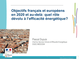 Objectifs français et européens en 2020 et au-delà: quel rôle dévolu à l’efficacité énergétique?  Pascal Dupuis  Chef du Service Climat et Efficacité Energétique DGEC/MEEDDM  Ministère de.